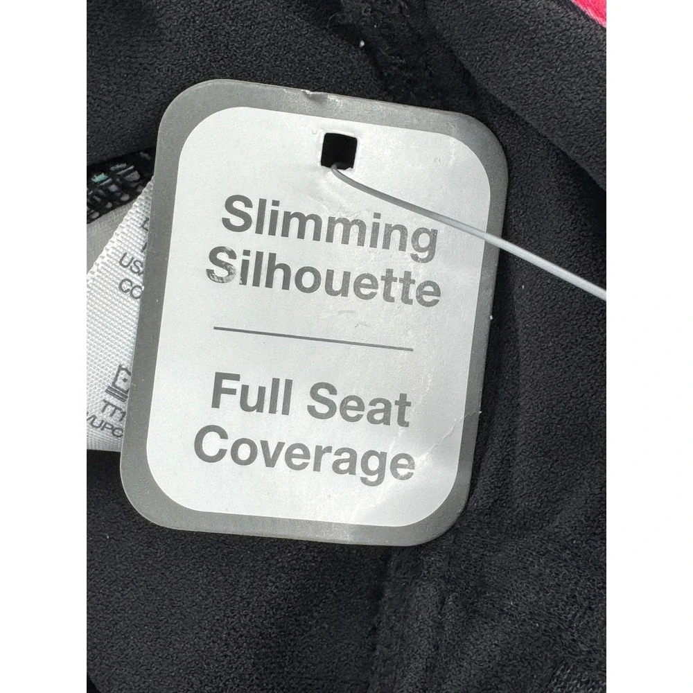 Time And Tru Slimming Silhouette One Piece‎ Swimsuit Black Pink Tropical Sz M